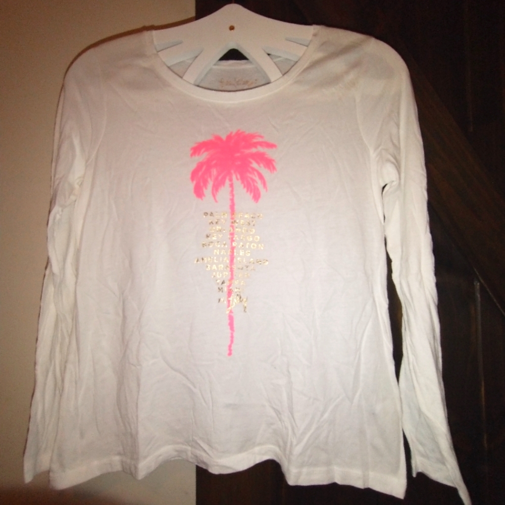 Lilly Pulitzer Girls Long Sleeve White Shirt with Hot Pink Palm Tree
